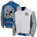 personalized drake bulldogs speckled arms blue gray varsity jacket best selling.webp