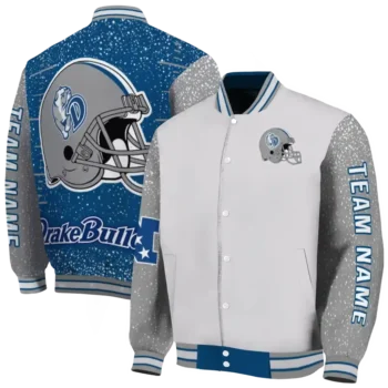 personalized drake bulldogs speckled arms blue gray varsity jacket fashion forward.webp