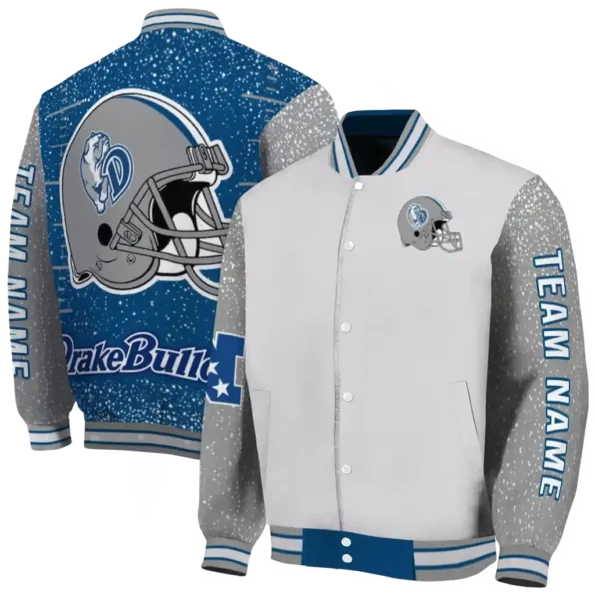 personalized drake bulldogs speckled arms blue gray varsity jacket fashion forward.webp