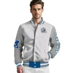 personalized drake bulldogs speckled arms blue gray varsity jacket best selling.webp
