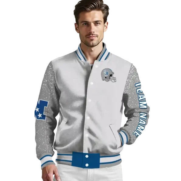 personalized drake bulldogs speckled arms blue gray varsity jacket high quality.webp