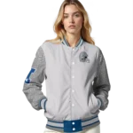 personalized drake bulldogs speckled arms blue gray varsity jacket best selling.webp