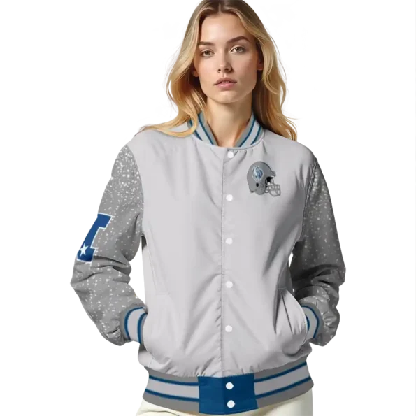 personalized drake bulldogs speckled arms blue gray varsity jacket latest model.webp