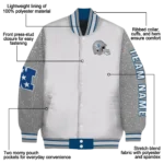 personalized drake bulldogs speckled arms blue gray varsity jacket best selling.webp