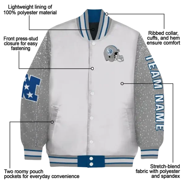 personalized drake bulldogs speckled arms blue gray varsity jacket new arrival.webp