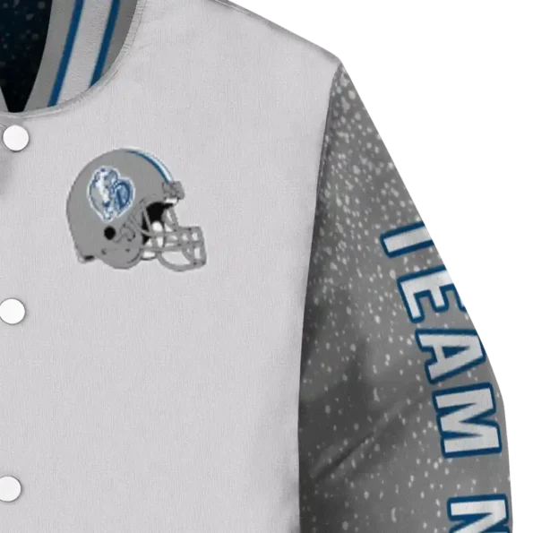 personalized drake bulldogs speckled arms blue gray varsity jacket premium grade.webp