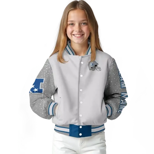 personalized drake bulldogs speckled arms blue gray varsity jacket top rated.webp
