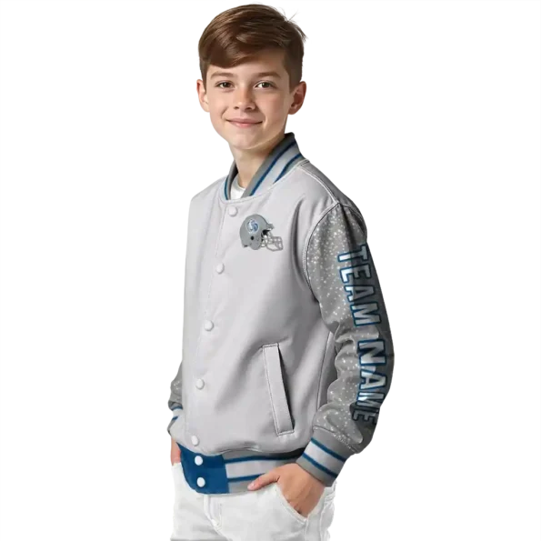 personalized drake bulldogs speckled arms blue gray varsity jacket trendy.webp