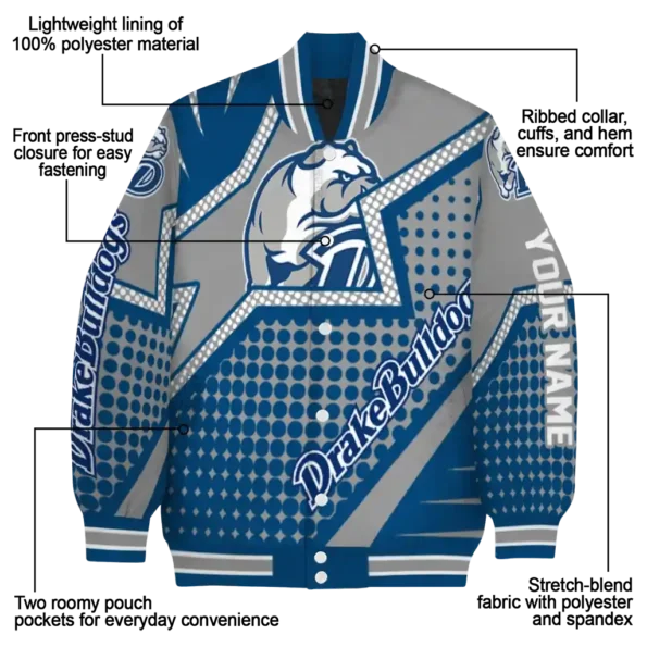 personalized drake bulldogs star burst blue varsity jacket new arrival.webp