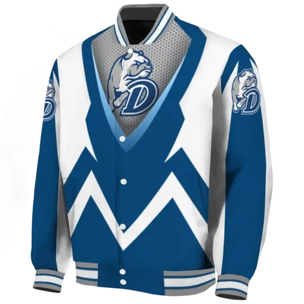 personalized drake bulldogs v stripes blue white varsity jacket best selling.webp