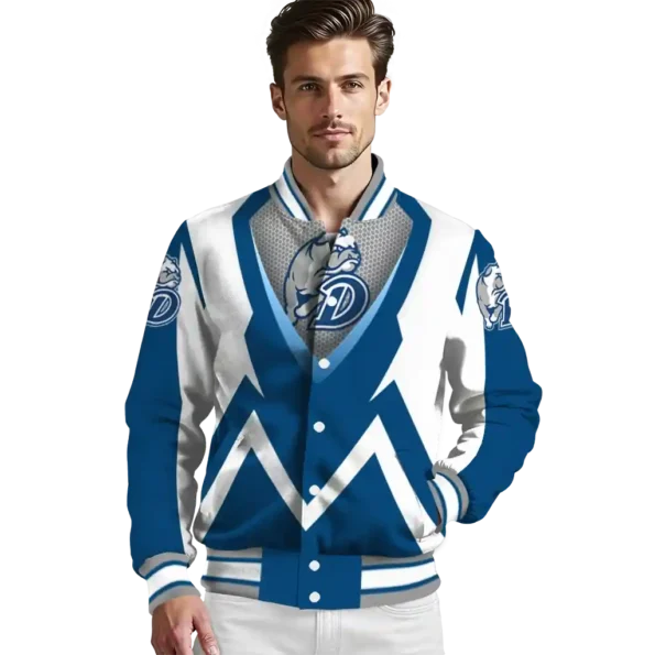 personalized drake bulldogs v stripes blue white varsity jacket high quality.webp