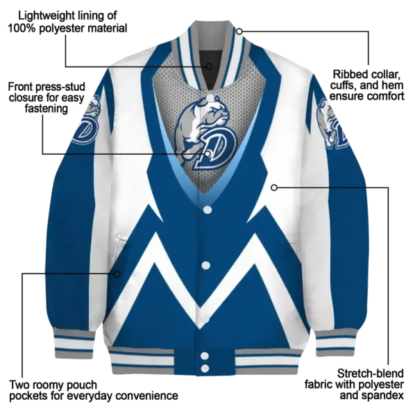 personalized drake bulldogs v stripes blue white varsity jacket new arrival.webp