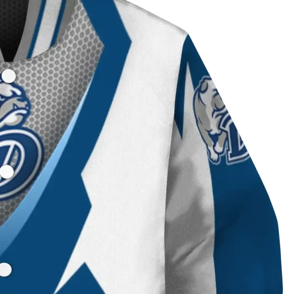personalized drake bulldogs v stripes blue white varsity jacket premium grade.webp