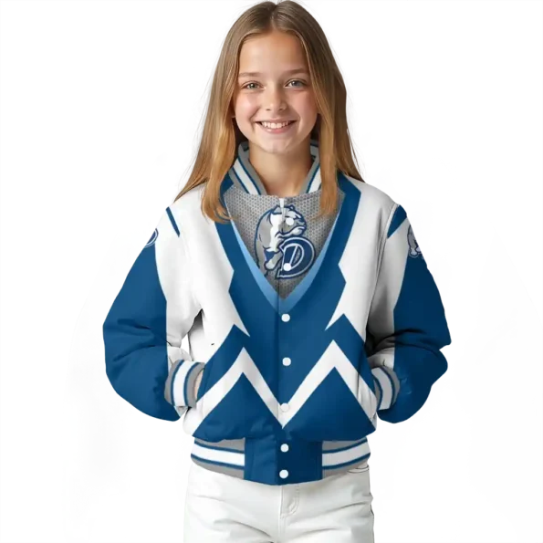 personalized drake bulldogs v stripes blue white varsity jacket top rated.webp