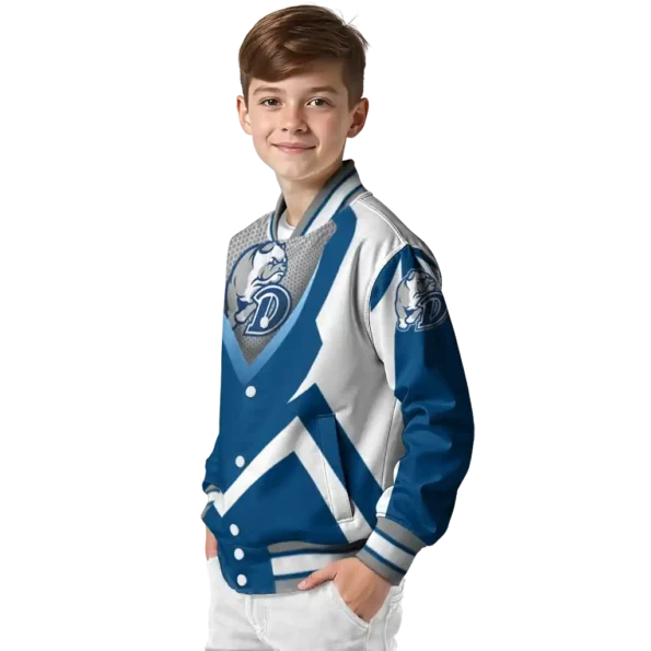 personalized drake bulldogs v stripes blue white varsity jacket trendy.webp