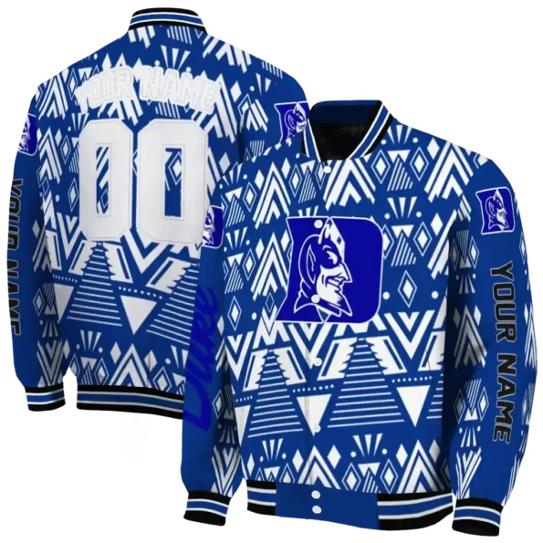 personalized duke blue devils pyramid shapes blue varsity jacket fashion forward.webp