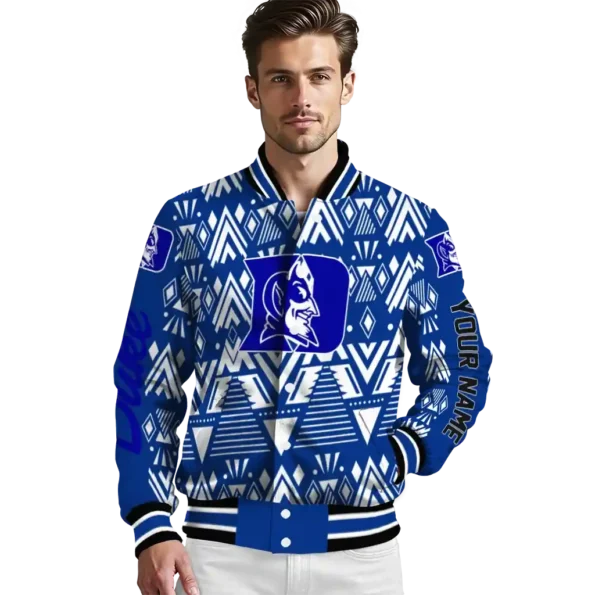 personalized duke blue devils pyramid shapes blue varsity jacket high quality.webp
