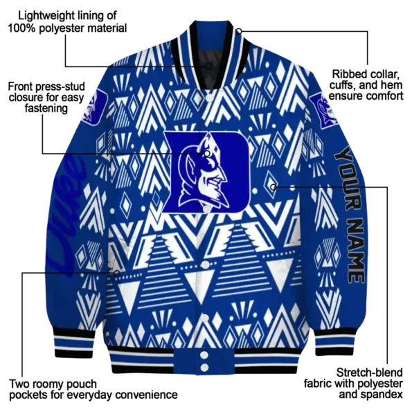 personalized duke blue devils pyramid shapes blue varsity jacket new arrival.webp