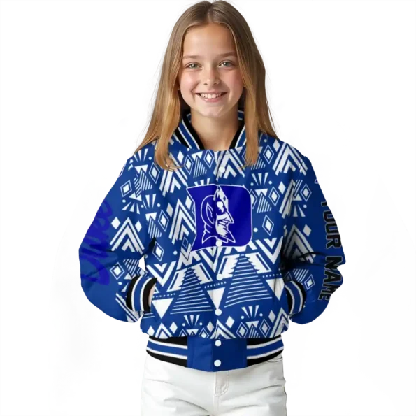personalized duke blue devils pyramid shapes blue varsity jacket top rated.webp