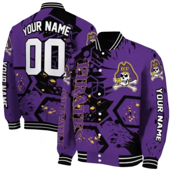 personalized east carolina pirates hexagon cluster purple black varsity jacket fashion forward.webp