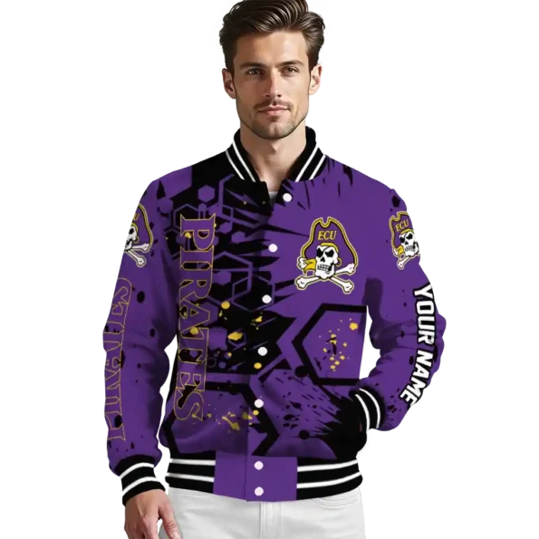 personalized east carolina pirates hexagon cluster purple black varsity jacket high quality.webp