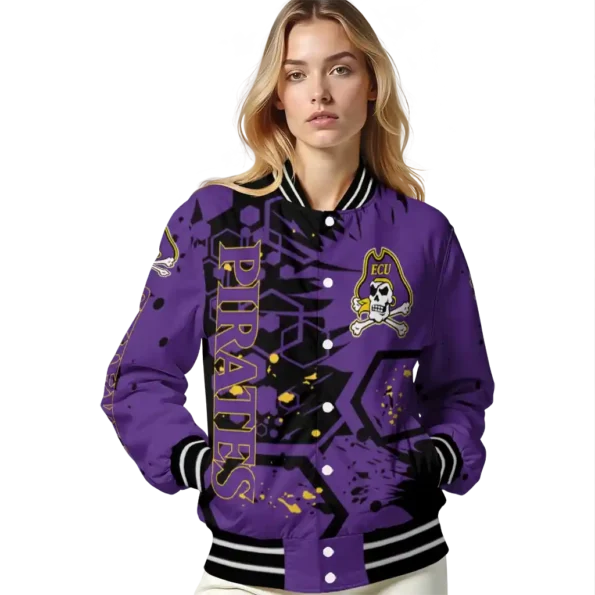 personalized east carolina pirates hexagon cluster purple black varsity jacket latest model.webp
