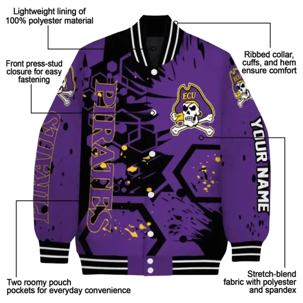 personalized east carolina pirates hexagon cluster purple black varsity jacket new arrival.webp