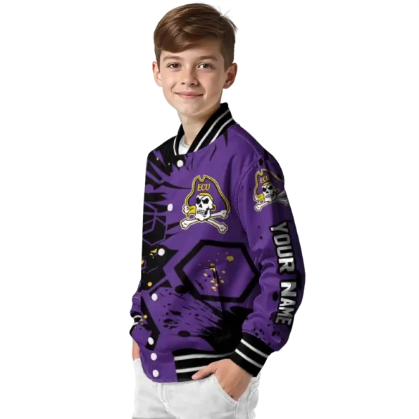 personalized east carolina pirates hexagon cluster purple black varsity jacket trendy.webp