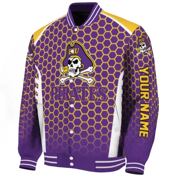 personalized east carolina pirates hexagon grid purple varsity jacket best selling.webp