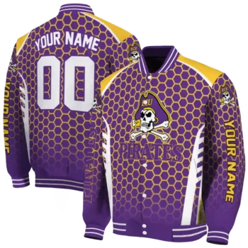 personalized east carolina pirates hexagon grid purple varsity jacket fashion forward.webp