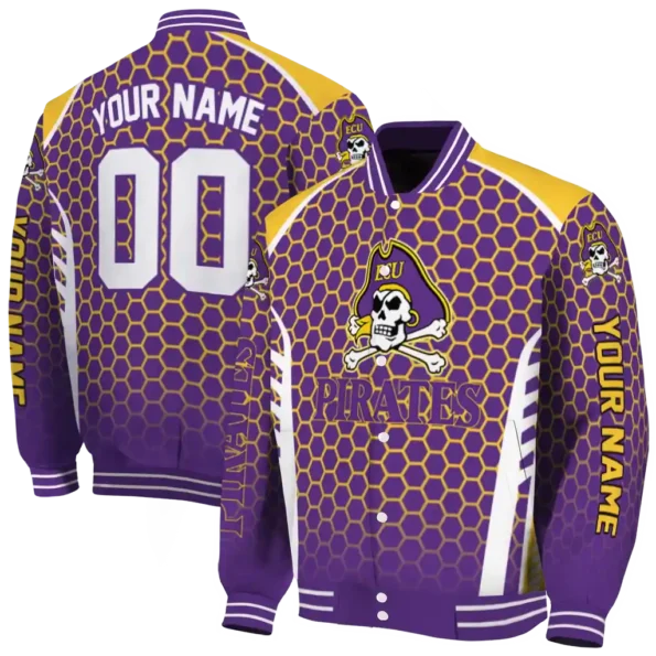 personalized east carolina pirates hexagon grid purple varsity jacket fashion forward.webp