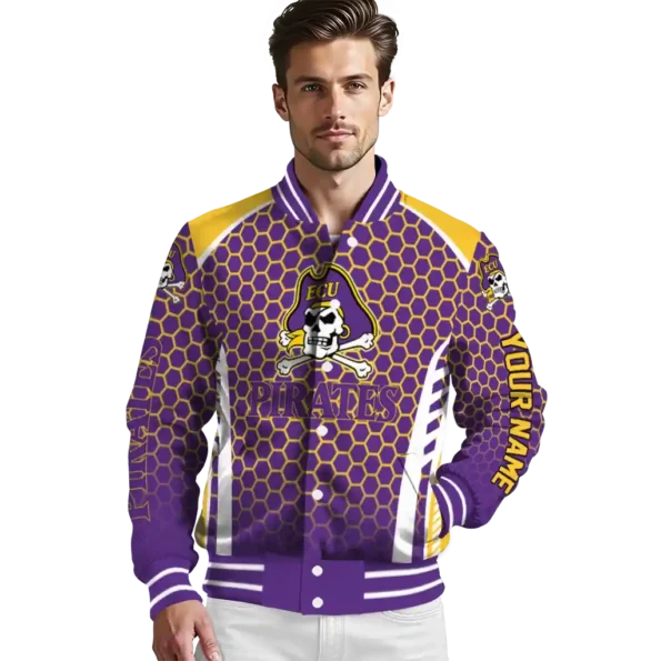 personalized east carolina pirates hexagon grid purple varsity jacket high quality.webp