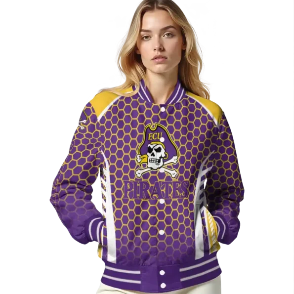 personalized east carolina pirates hexagon grid purple varsity jacket latest model.webp