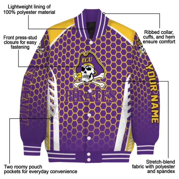 personalized east carolina pirates hexagon grid purple varsity jacket new arrival.webp
