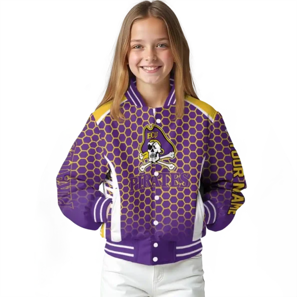 personalized east carolina pirates hexagon grid purple varsity jacket top rated.webp