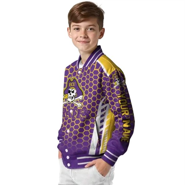 personalized east carolina pirates hexagon grid purple varsity jacket trendy.webp