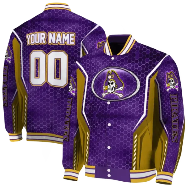 personalized east carolina pirates power plate purple varsity jacket fashion forward.webp
