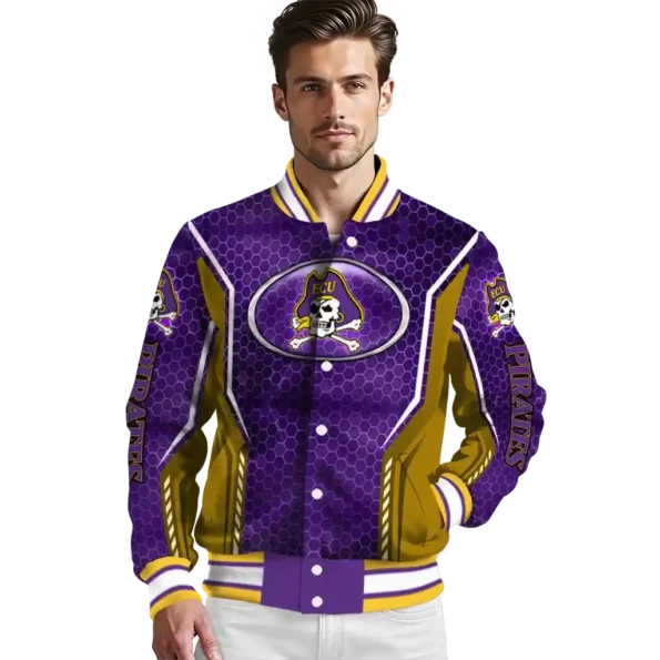 personalized east carolina pirates power plate purple varsity jacket high quality.webp