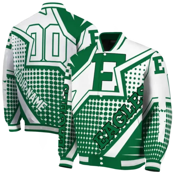 personalized eastern michigan eagles star burst green varsity jacket fashion forward.webp