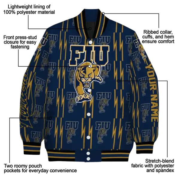 personalized fiu panthers bolt stripe blue varsity jacket new arrival.webp