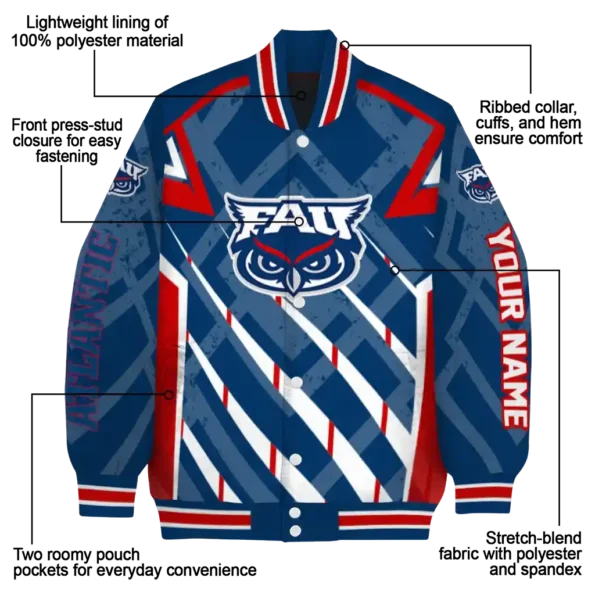 personalized florida atlantic owls chevron angles blue varsity jacket new arrival.webp