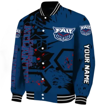 personalized florida atlantic owls hexagon cluster blue black varsity jacket best selling.webp