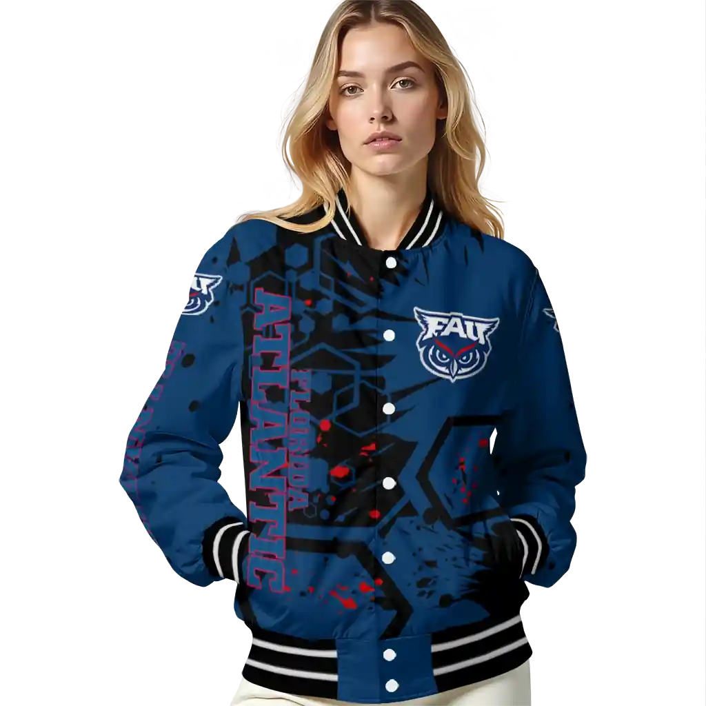 personalized florida atlantic owls hexagon cluster blue black varsity jacket latest model.webp personalized florida atlantic owls hexagon cluster blue black varsity jacket latest model.webp