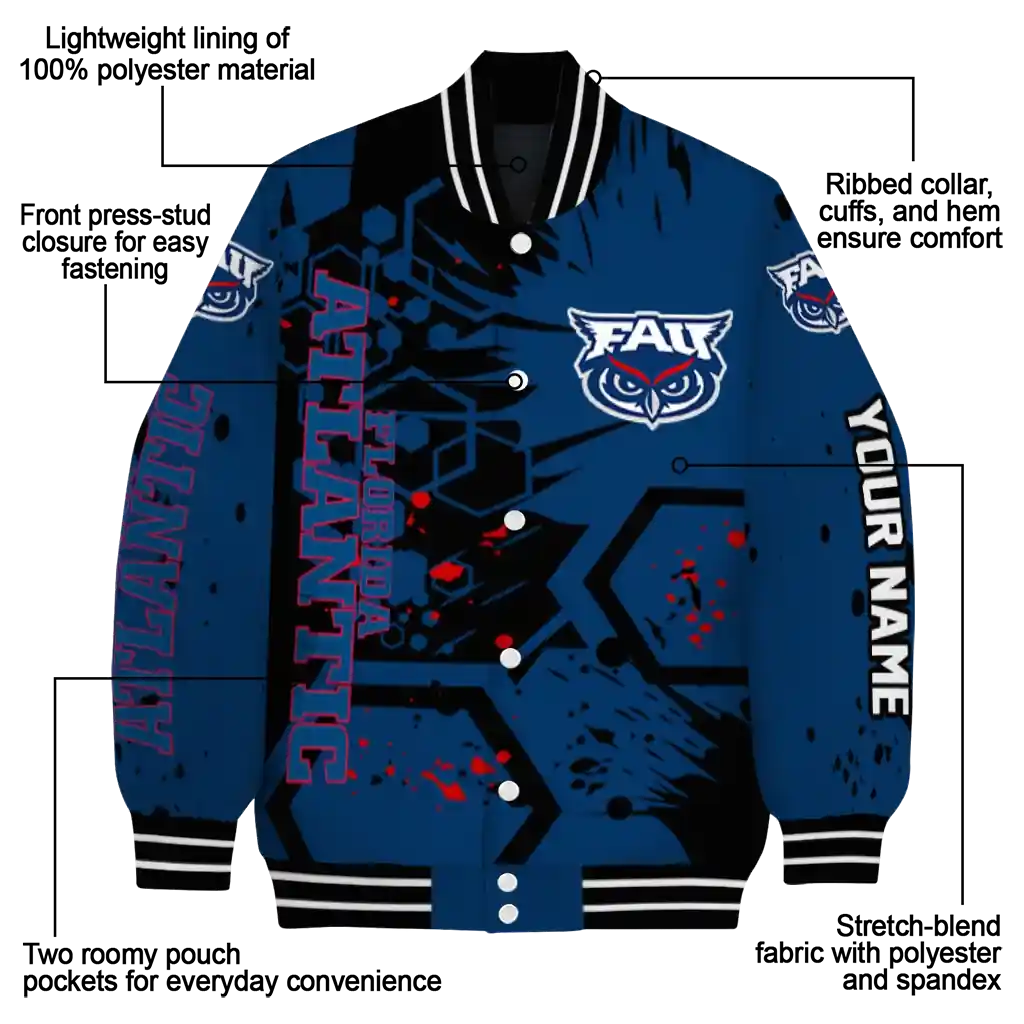 personalized florida atlantic owls hexagon cluster blue black varsity jacket new arrival.webp personalized florida atlantic owls hexagon cluster blue black varsity jacket new arrival.webp