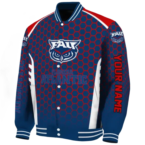 personalized florida atlantic owls hexagon grid blue varsity jacket best selling.webp