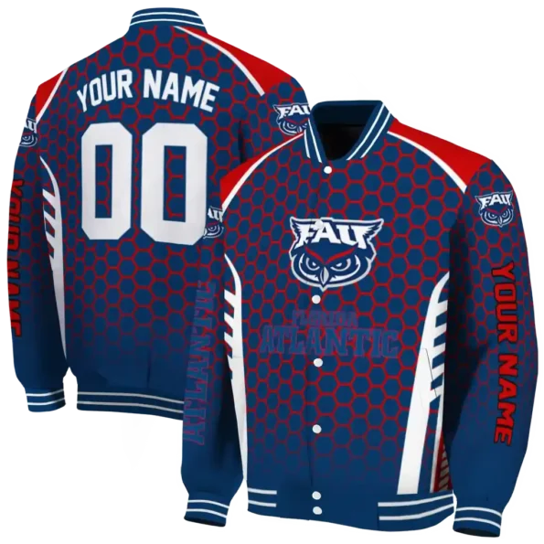 personalized florida atlantic owls hexagon grid blue varsity jacket fashion forward.webp