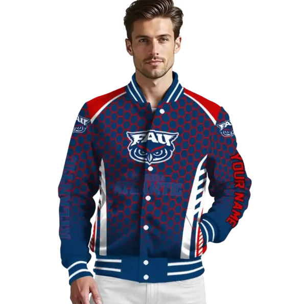 personalized florida atlantic owls hexagon grid blue varsity jacket high quality.webp