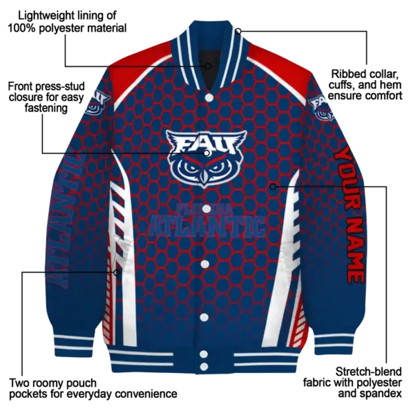 personalized florida atlantic owls hexagon grid blue varsity jacket new arrival.webp