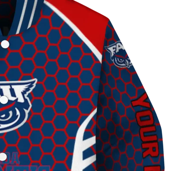personalized florida atlantic owls hexagon grid blue varsity jacket premium grade.webp