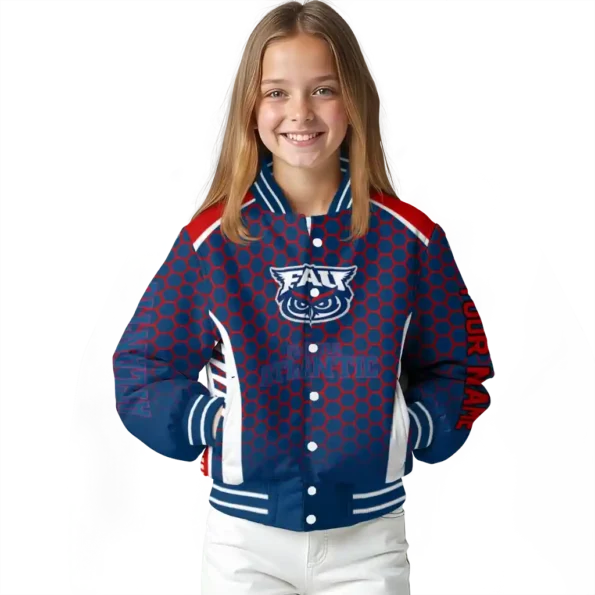 personalized florida atlantic owls hexagon grid blue varsity jacket top rated.webp